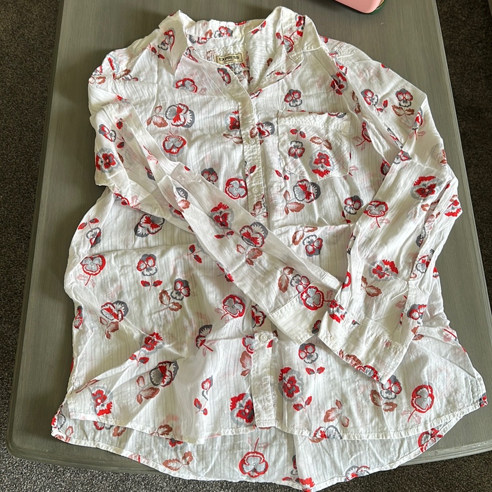 SEE THROUGH blouse. Colors are red, dark & light gray, mauve and white.